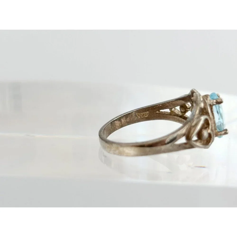 Aquamarine Semi-Precious 925 Solitaire Heart Sterling Silver Vintage Ring - sz 5